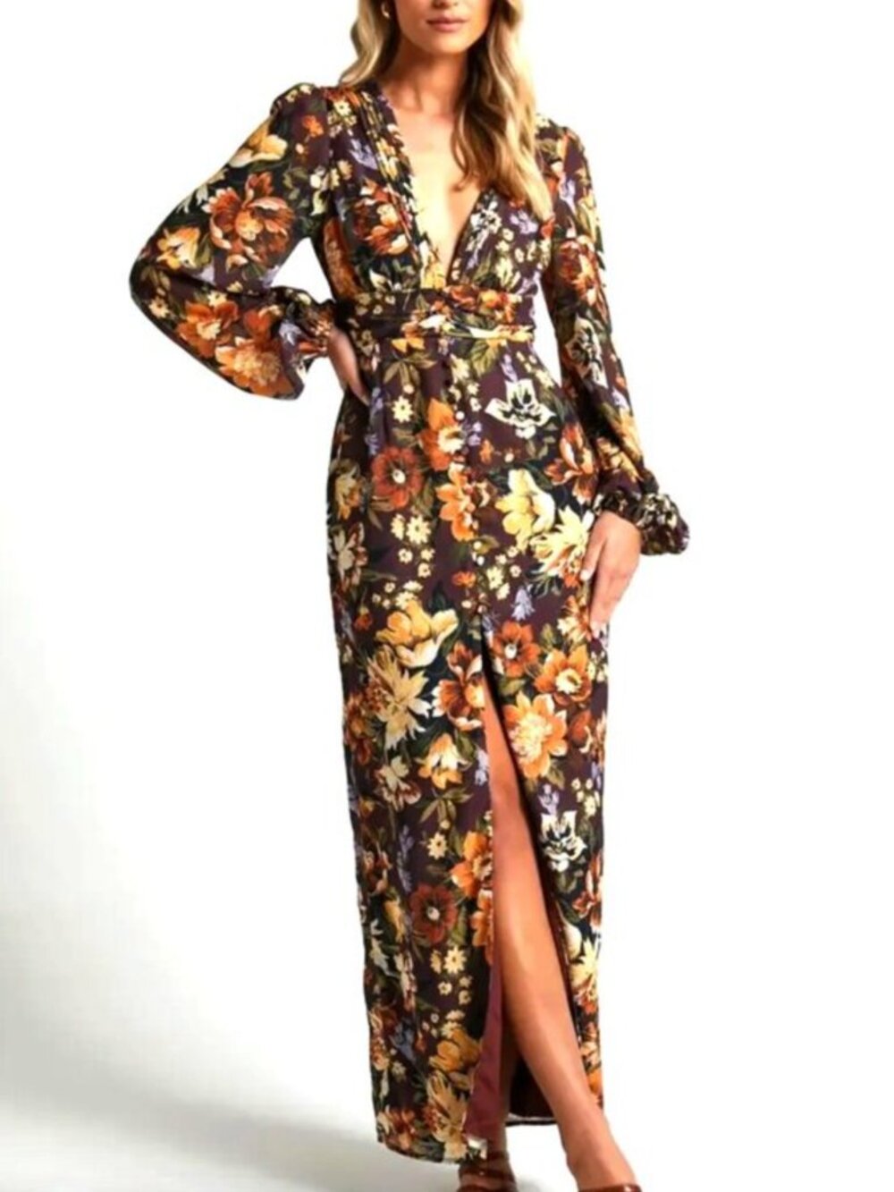 Showpo Brown Floral Maxi Dress Size 4 Long Sleeve Plunge V Neck Slit Boho Fall